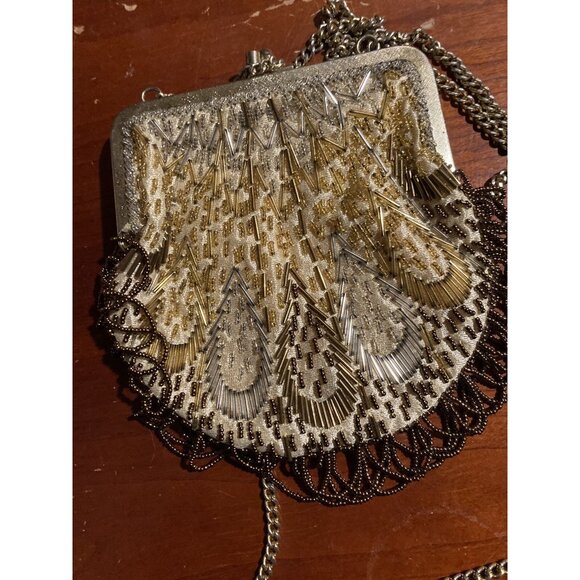 VINTAGE GOLD & BROWN LA REGALE  HAND BEADED PURSE MADE IN HONG KONG WITH FRINGE - Picture 8 of 13